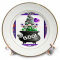 Gold-rimmed decorative plate with a braided gnome in an eyeball-patterned hat above a bubbling cauldron labeled BOO.