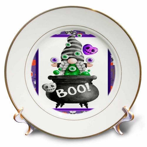 Gold-rimmed decorative plate with a braided gnome in an eyeball-patterned hat above a bubbling cauldron labeled BOO.