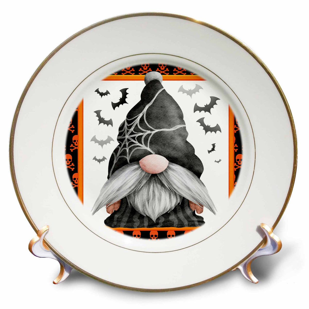 Gold-rimmed decorative plate with a black spiderweb-hatted gnome surrounded by bats and an orange skull border.