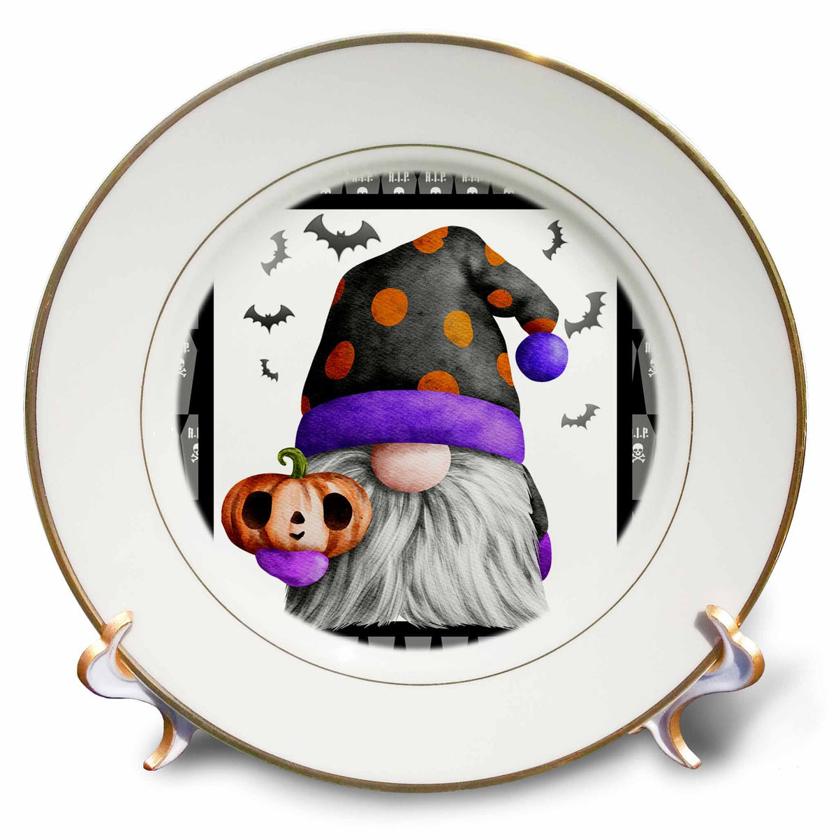Gold-rimmed decorative plate with a pumpkin-holding gnome in a black spotted hat with purple trim, surrounded by bats.