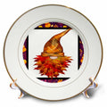 Gold-rimmed decorative plate showing a gnome with an orange plaid hat and a beard made of red and orange autumn leaves.