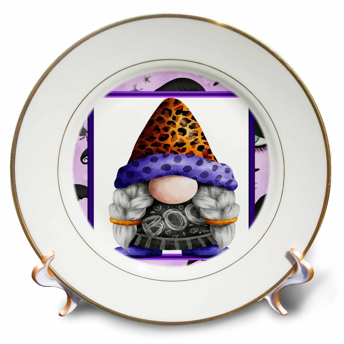 Gold-rimmed decorative plate with a braided Halloween gnome in a leopard-patterned hat, purple trim and BOO shirt.