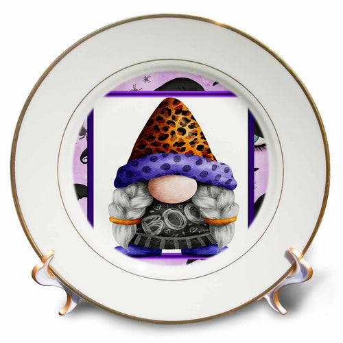 Gold-rimmed decorative plate with a braided Halloween gnome in a leopard-patterned hat, purple trim and BOO shirt.