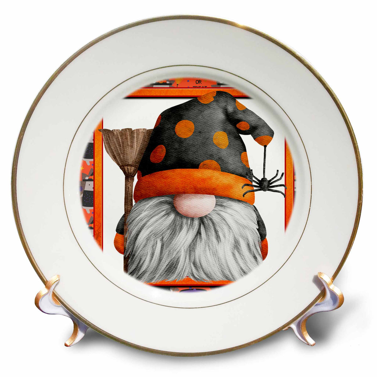 Gold-rimmed decorative plate showing a gnome with a black-and-orange spotted hat, broom and dangling spider.