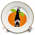 Gold-rimmed decorative plate with a purple-star-hatted wizard gnome holding a cauldron in front of a large pumpkin.