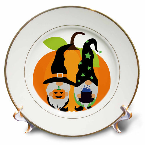 Gold-rimmed decorative plate with two black-hatted gnomes holding a jack-o'-lantern and cauldron in front of a pumpkin.