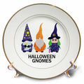 White decorative plate with three purple-and-orange wizard and witch gnomes above Halloween Gnomes lettering.