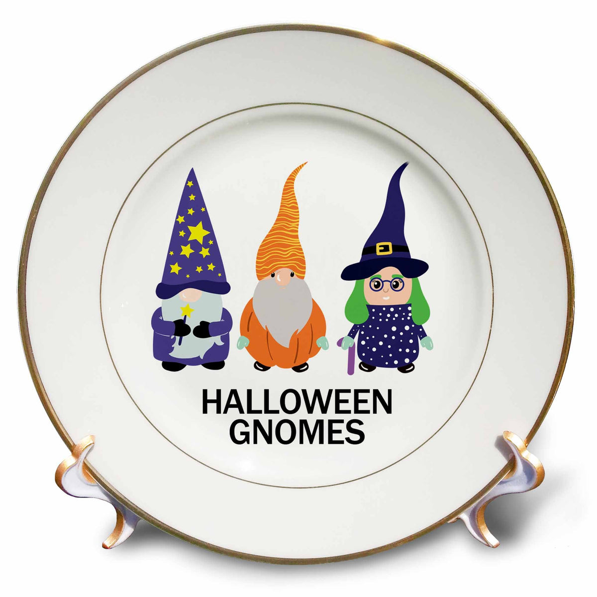White decorative plate with three purple-and-orange wizard and witch gnomes above Halloween Gnomes lettering.