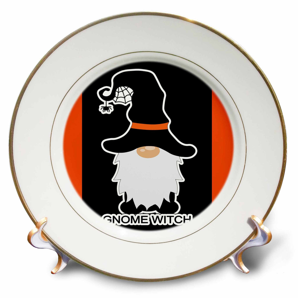 Gold-rimmed decorative plate with a black witch-hatted gnome, hanging spider and Gnome Witch lettering.