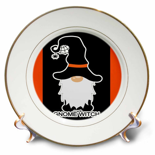 Gold-rimmed decorative plate with a black witch-hatted gnome, hanging spider and Gnome Witch lettering.