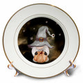 White decorative plate showing a gray witch-hatted gnome holding a pumpkin against a dark starry background.