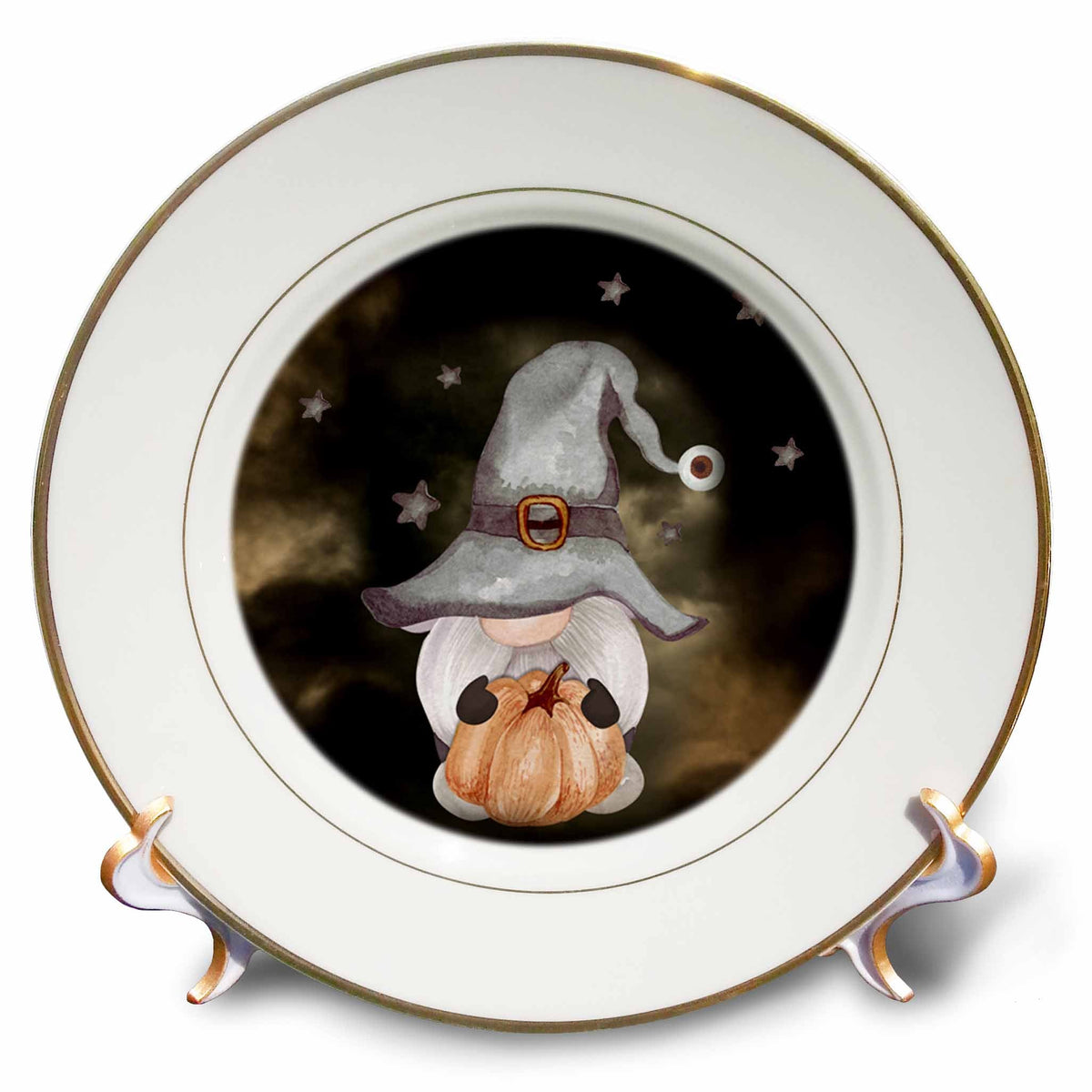 White decorative plate showing a gray witch-hatted gnome holding a pumpkin against a dark starry background.