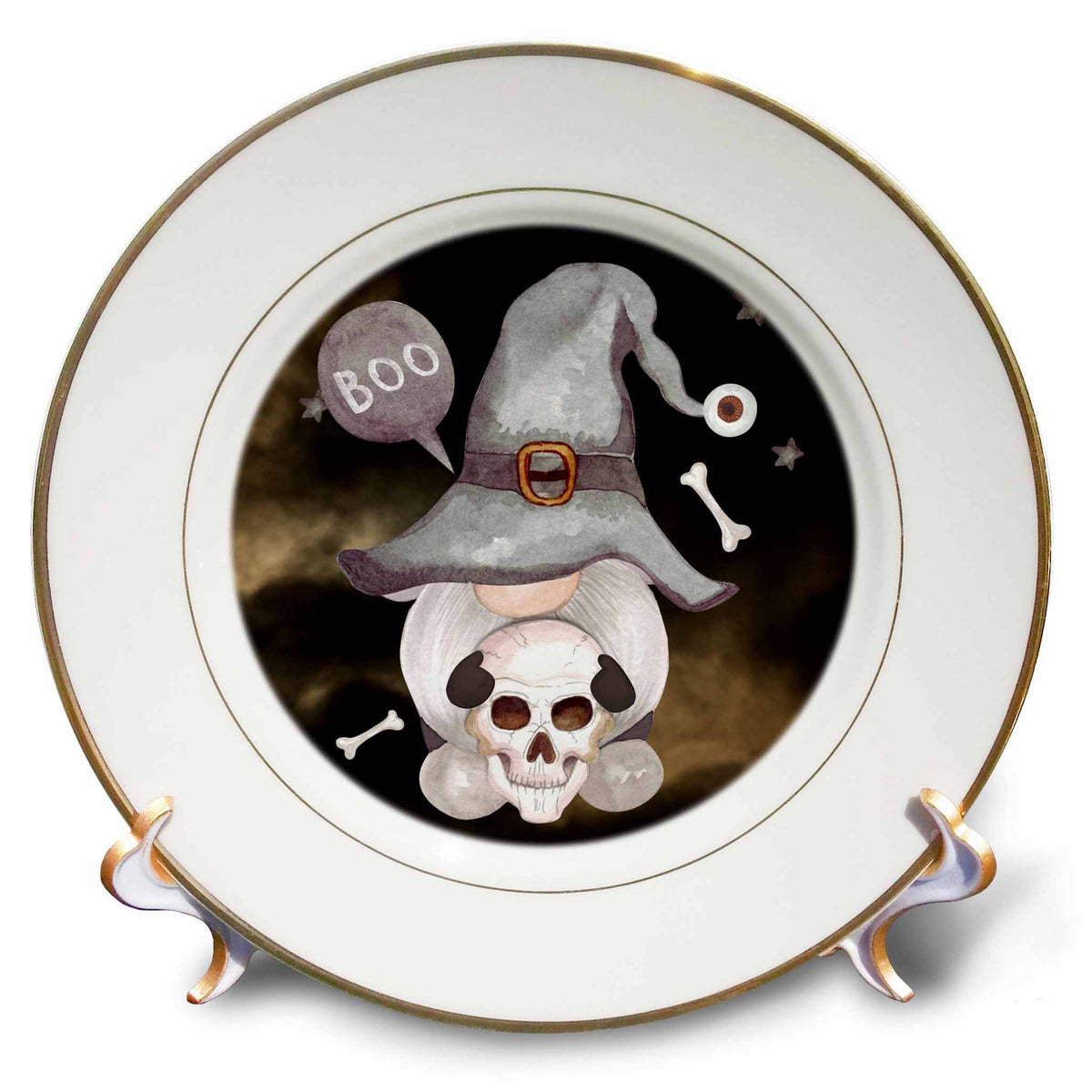 Gold-rimmed decorative plate with a gray witch-hatted gnome holding a skull beneath BOO wording, stars and bones.