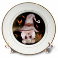 Gold-rimmed decorative plate with a mauve witch-hatted gnome holding a potion bottle among orange candies.