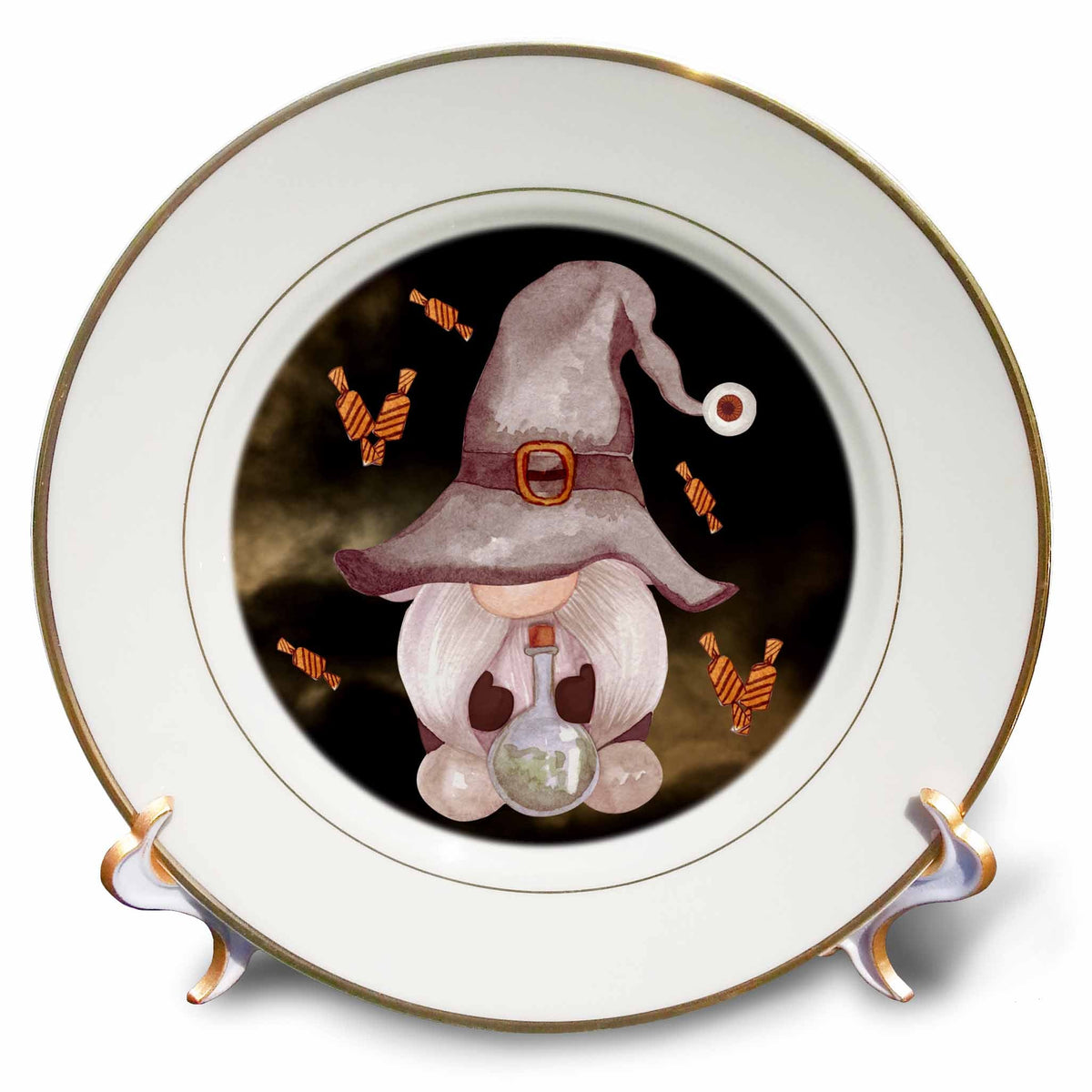 Gold-rimmed decorative plate with a mauve witch-hatted gnome holding a potion bottle among orange candies.
