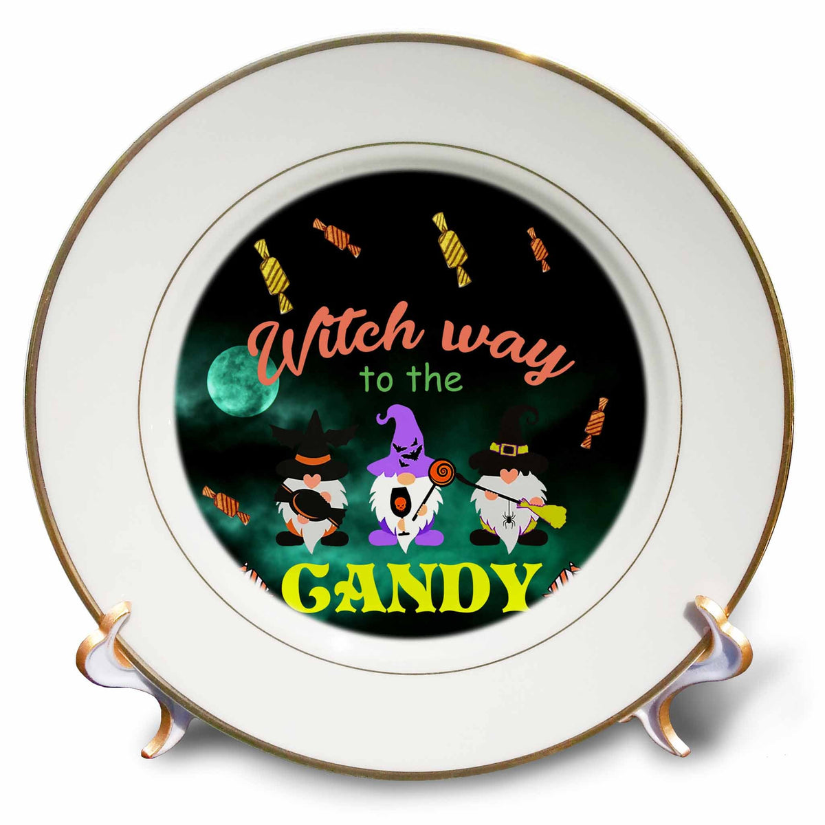 Gold-rimmed decorative plate with three witch gnomes, candy and Witch Way to the Candy wording on a dark background.