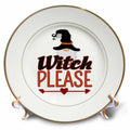 White decorative plate with gold-colored rims, a black-hatted gnome and large Witch Please lettering.
