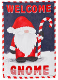 Christmas garden flag with a Santa-style gnome holding a candy cane between the words Welcome Gnome.