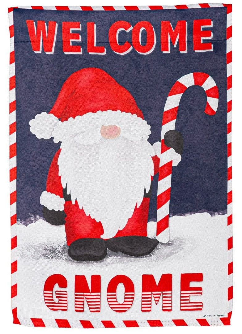 Christmas garden flag with a Santa-style gnome holding a candy cane between the words Welcome Gnome.