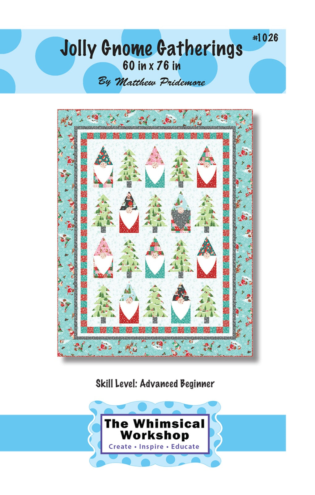 Jolly Gnome Gatherings quilt pattern cover showing rows of colorful gnomes and Christmas trees with a teal border.