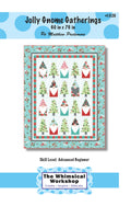 Jolly Gnome Gatherings quilt pattern cover showing rows of colorful gnomes and Christmas trees with a teal border.
