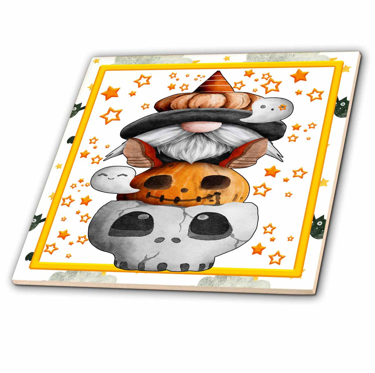 3dRose Halloween Skull, Pumpkin and Gnome Totem Pole Design - Tiles (ct-369147)