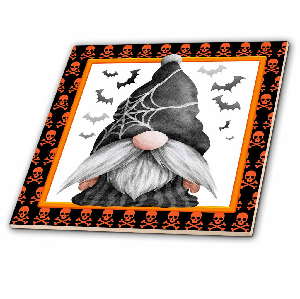 3dRose Cute Image of Watercolor Black and White Halloween Spider Web Gnome - Tiles (ct-369176)