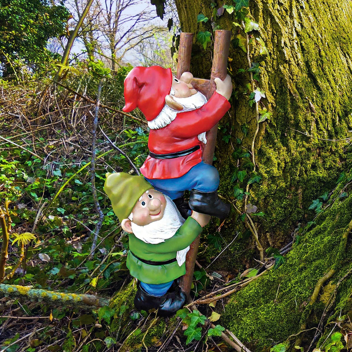 Two garden gnomes climbing a tree in a natural setting