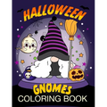Halloween Gnomes Coloring Book cover with a purple-striped witch-hatted gnome, broom, pumpkin and moon.
