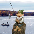Gnome fishing on a log with a lake and boat scene in the background