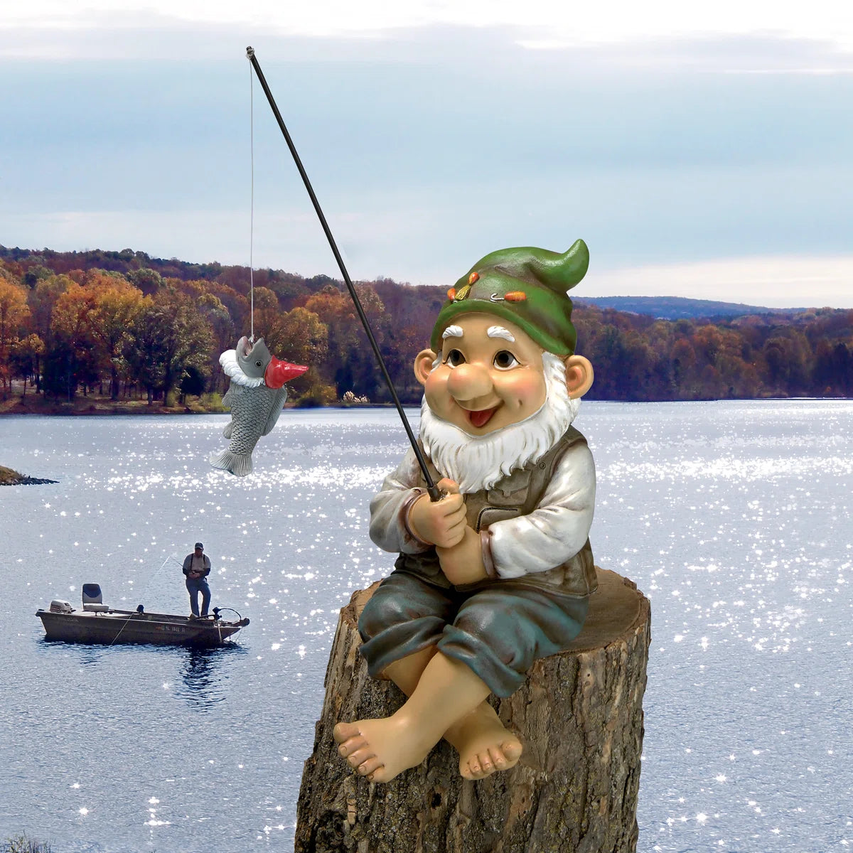 Gnome fishing on a log with a lake and boat scene in the background