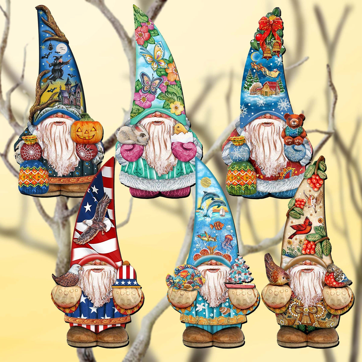 Six colorful gnome ornaments hanging from branches, with Halloween, floral, Christmas, patriotic and ocean designs.