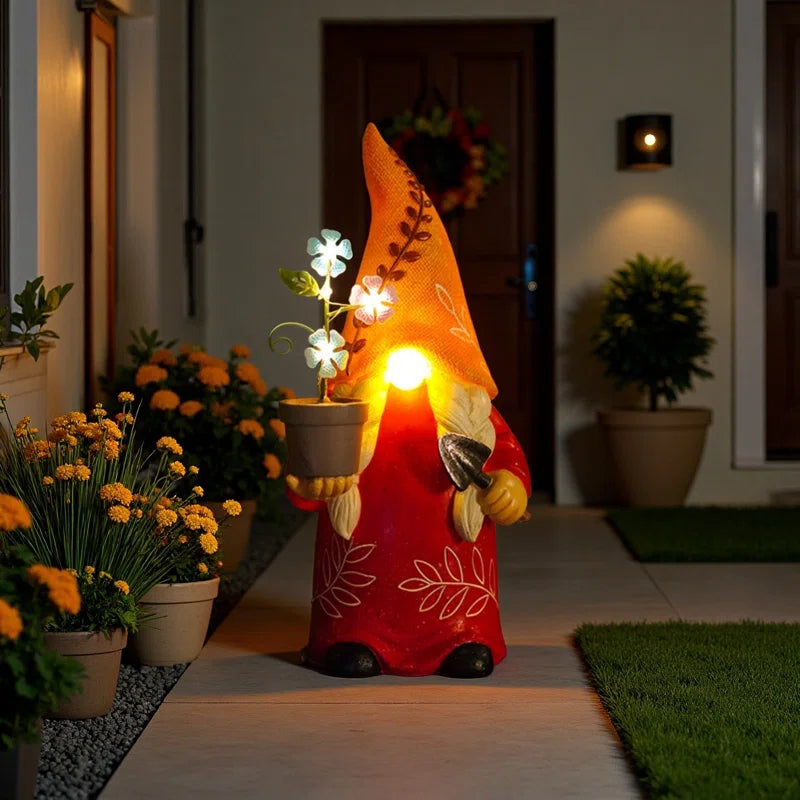 Solar Garden Gnome - a beautiful gnome holding a flower pot 12 Inch 