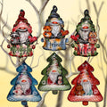 Six colorful gnome ornaments with woodland animals, Naughty, I tried and Nice signs, and Christmas tree silhouettes.