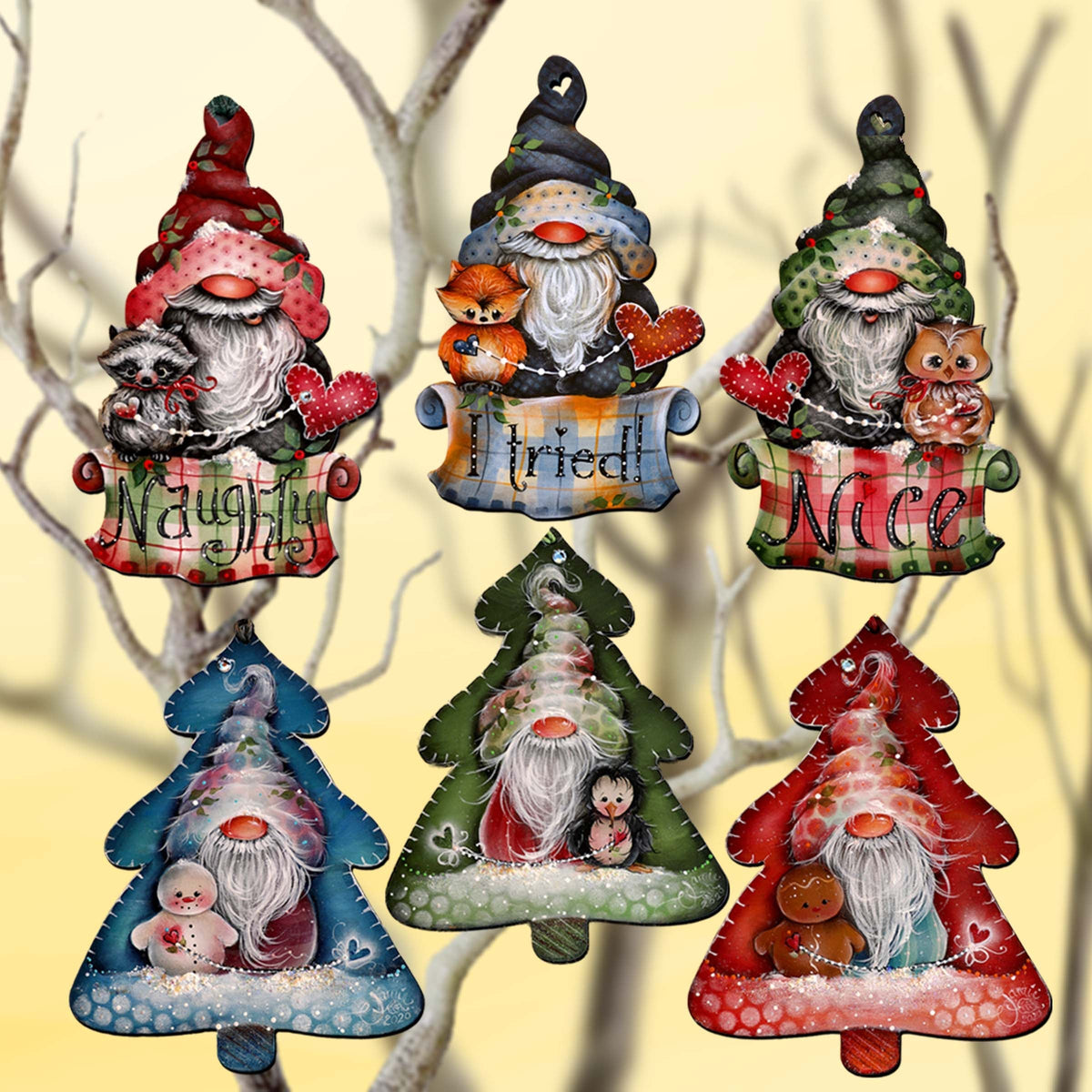 Six colorful gnome ornaments with woodland animals, Naughty, I tried and Nice signs, and Christmas tree silhouettes.