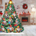 Christmas tree-shaped decoration illustrated with gardening gnomes, tools, flowers, ornaments and a gold star.