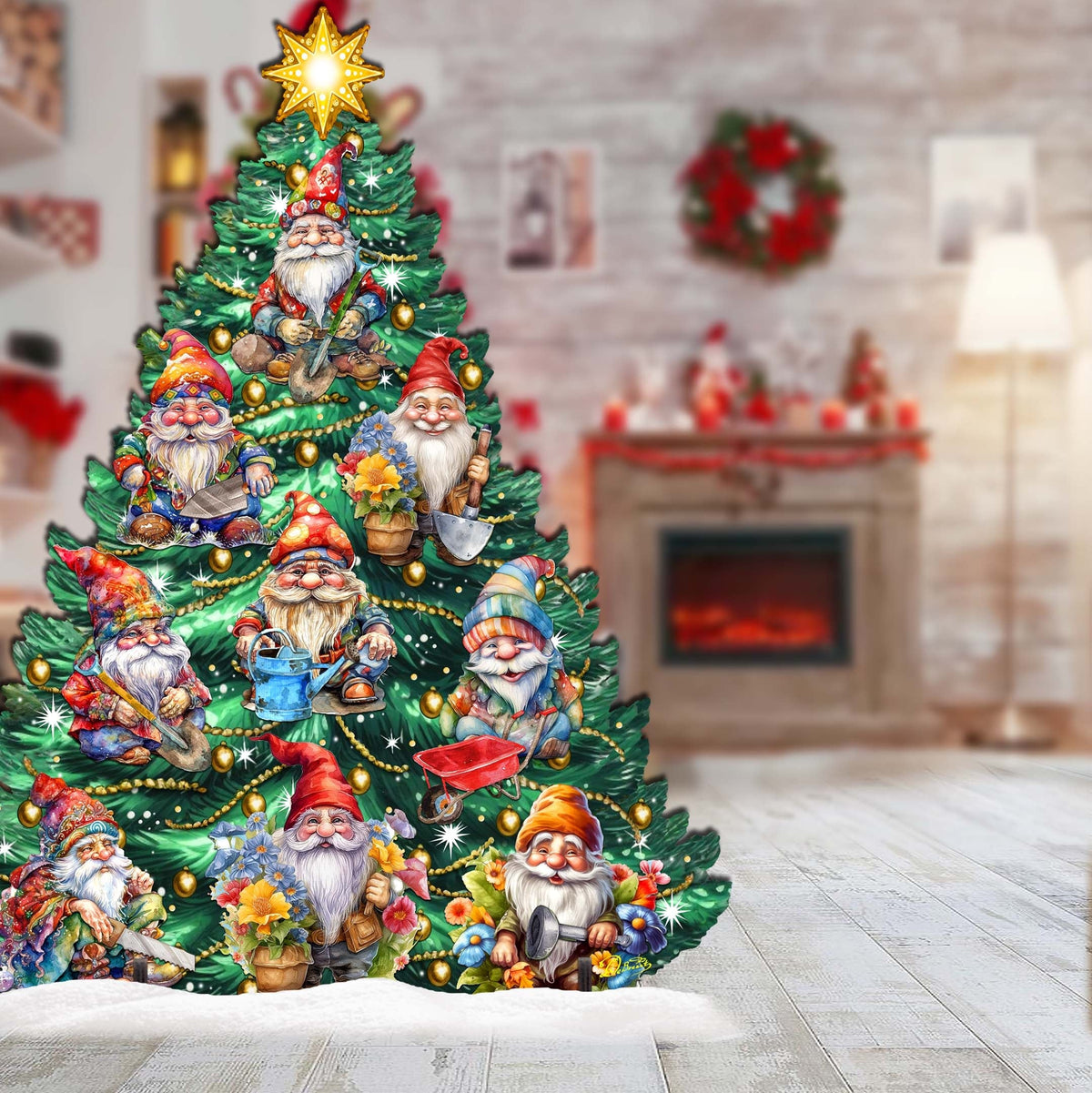 Christmas tree-shaped decoration illustrated with gardening gnomes, tools, flowers, ornaments and a gold star.