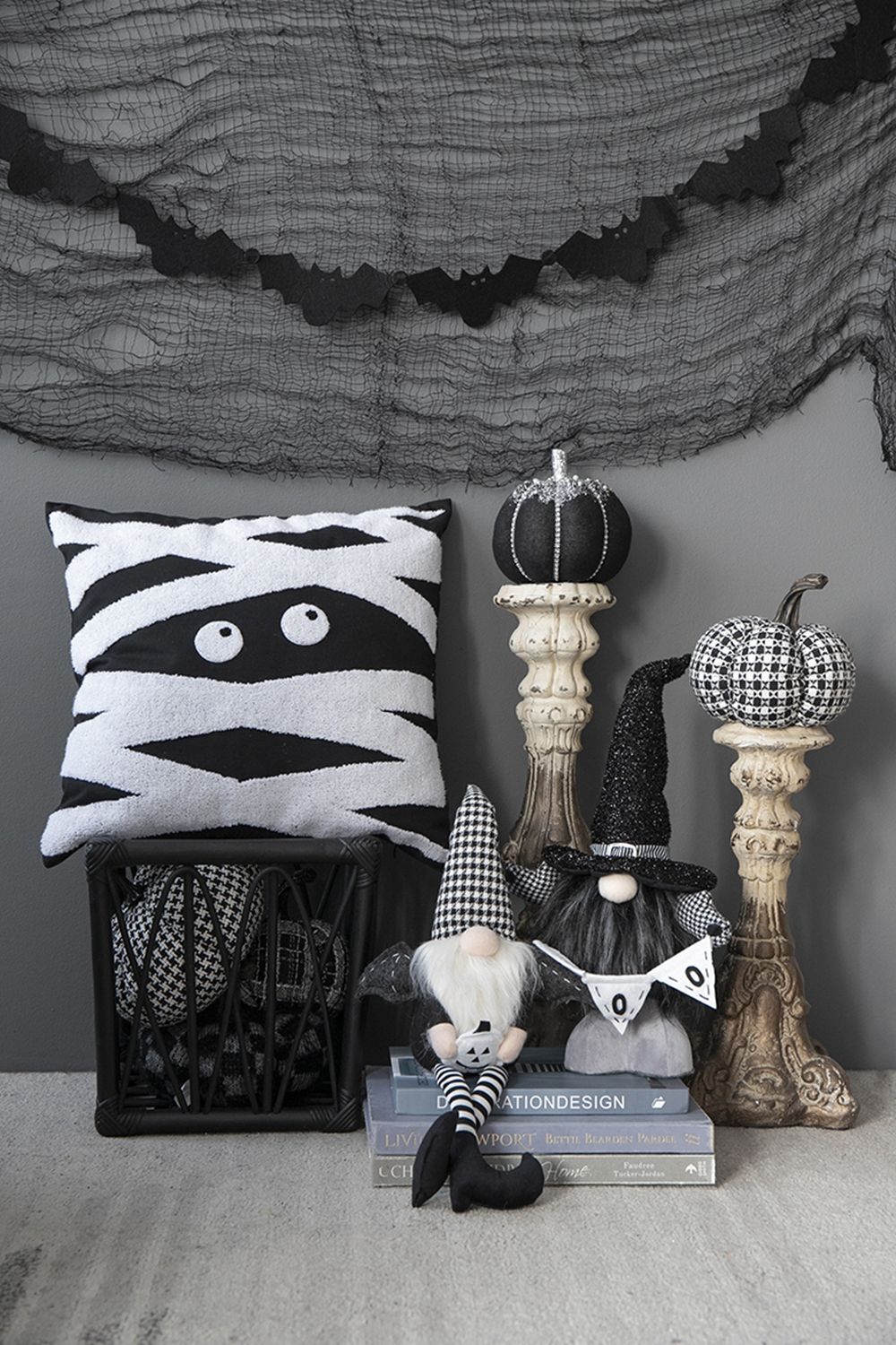 Sitting Gnome with Wings & Plaid Hat – Set of 2, Black, Halloween Decor
