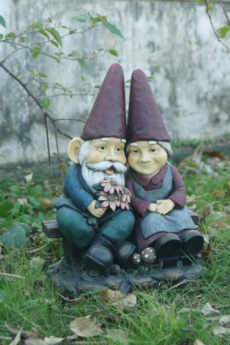 Gnome Old Couple on Bench Statue