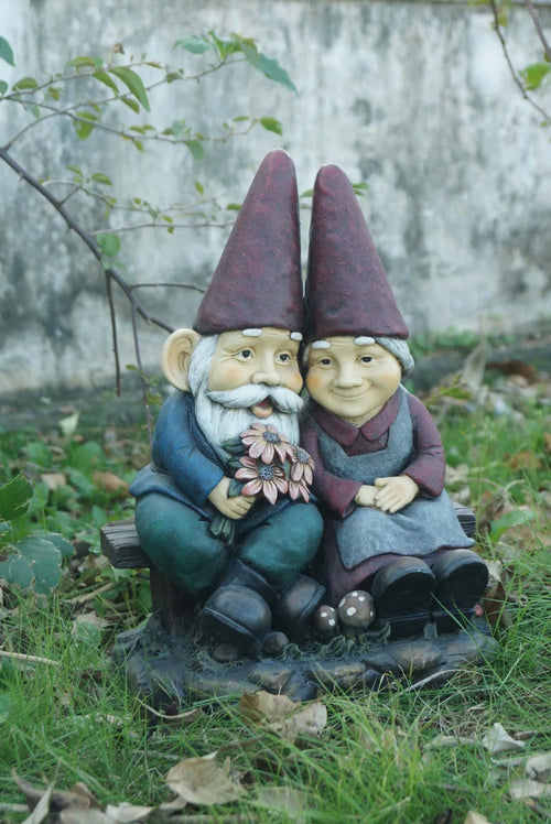 Gnome Old Couple on Bench Statue