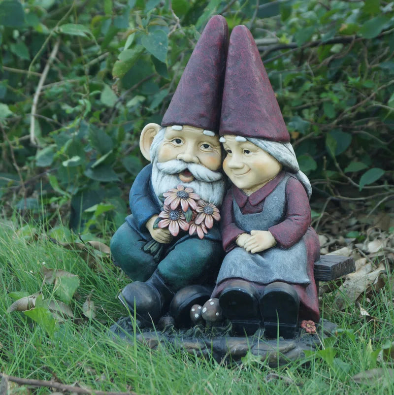 Gnome Old Couple on Bench Statue
