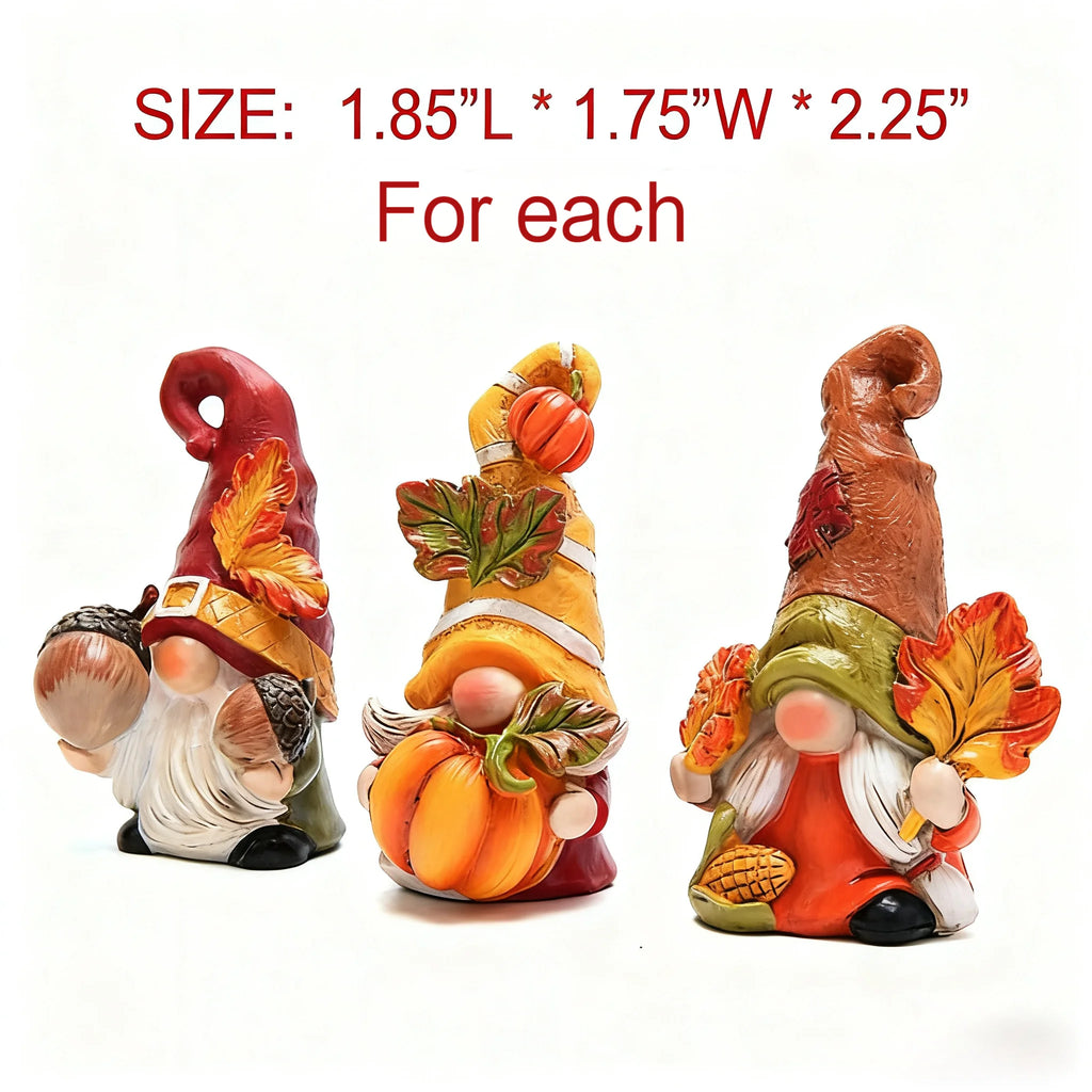 Autumn Harvest Gnome Figurines Fall Thanksgiving Resin Decorations with Pumpkin, Acorns & Leaves – Hand-Painted Tabletop Decor for Home, Kitchen, and Office Set of 3