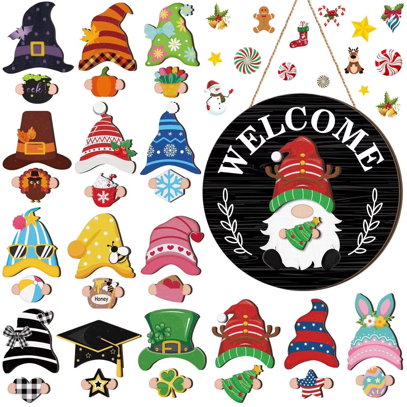 Interchangeable Wooden Gnome Decor Holiday Seasonal Gnome Decorations with Magnet Pieces and Detachable Hats Changeable Welcome Sign for Home