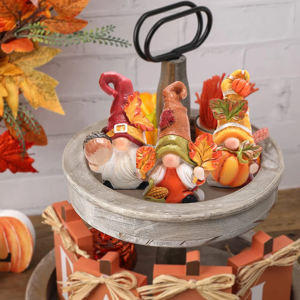 Autumn Harvest Gnome Figurines Fall Thanksgiving Resin Decorations with Pumpkin, Acorns & Leaves – Hand-Painted Tabletop Decor for Home, Kitchen, and Office Set of 3