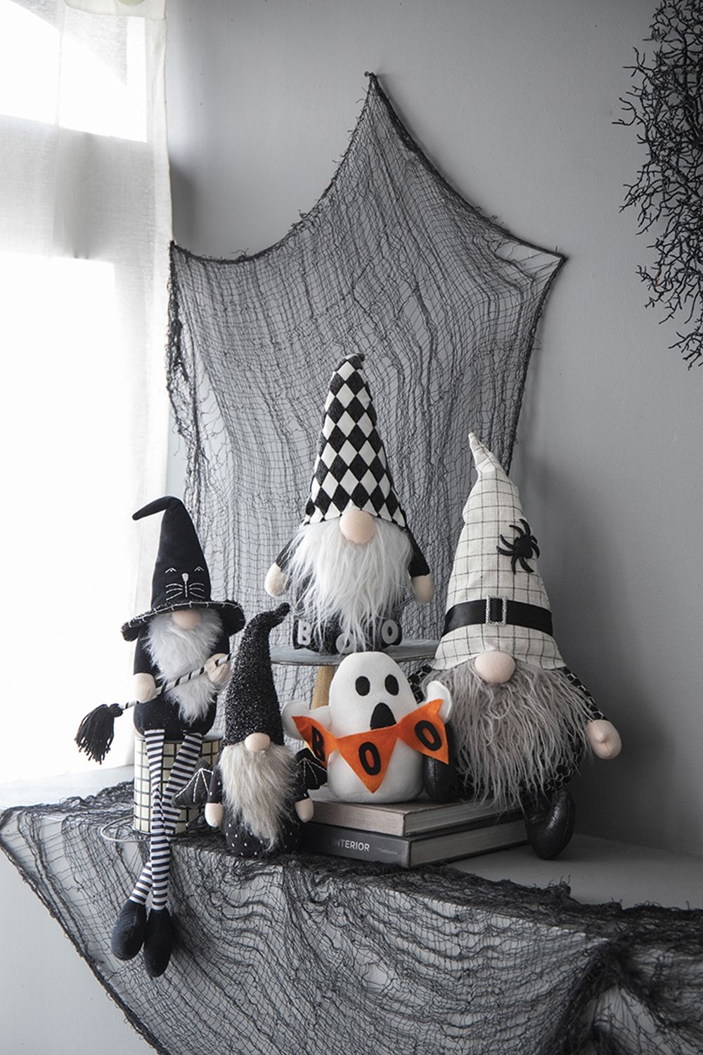 Black Sitting Gnome With Spider Hat – Halloween Decor Set of 2