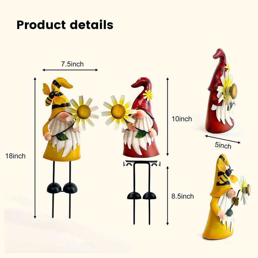 Metal Gnome Yard Art - Bee and Ladybug Sculptures - Outdoor Garden Decorations (2 Count)