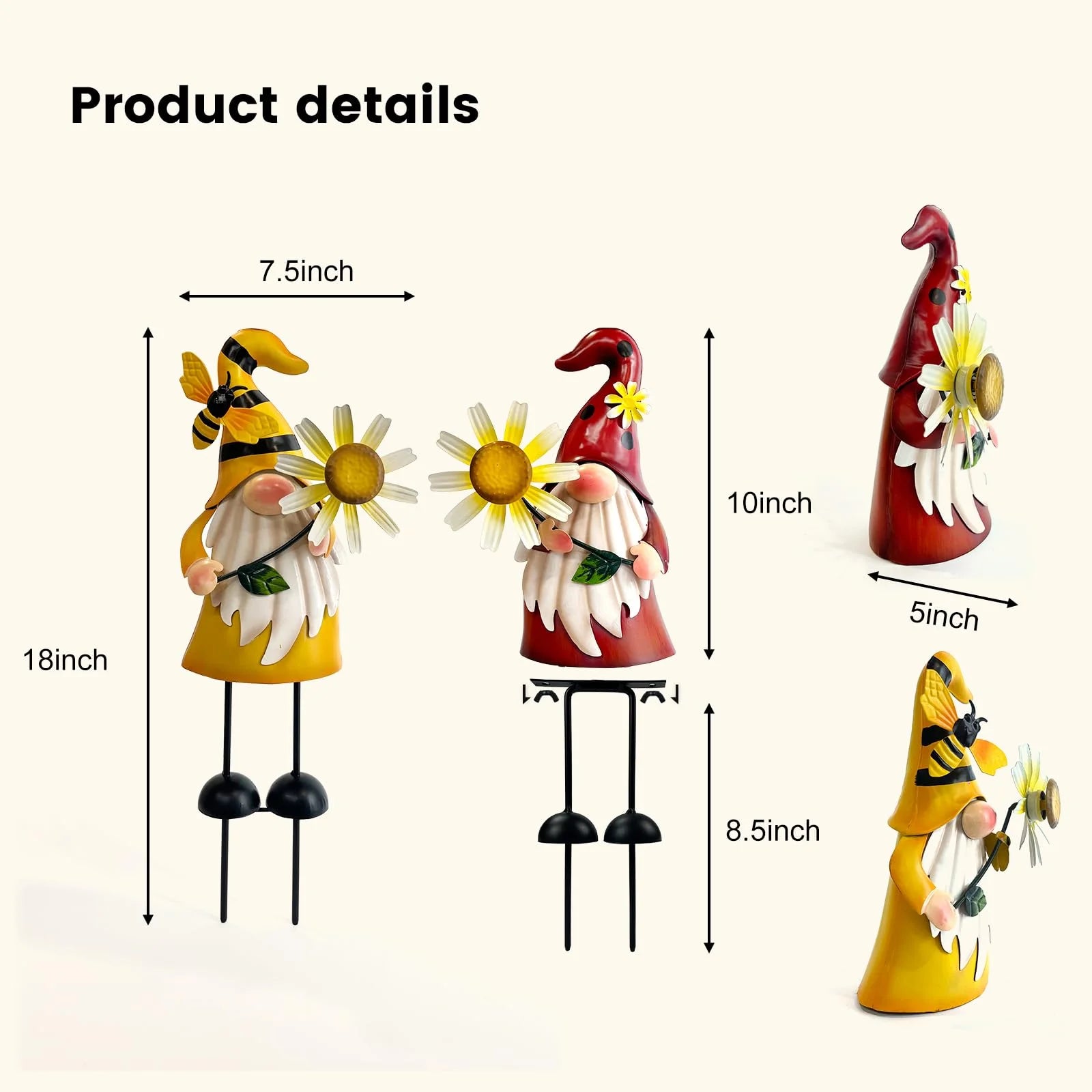 Metal Gnome Yard Art - Bee and Ladybug Sculptures - Outdoor Garden Decorations (2 Count)