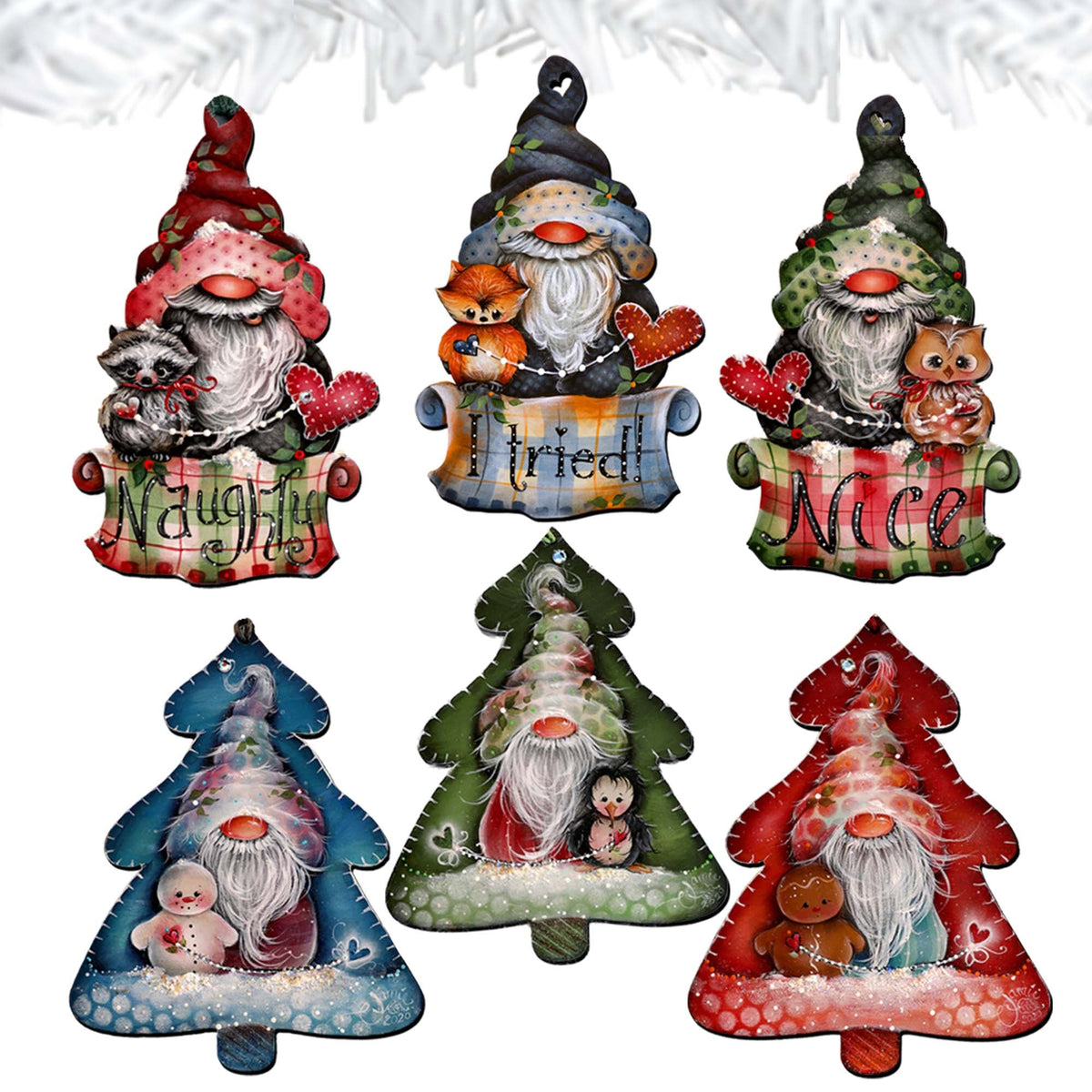 Christmas Gnomes Clip-On Eco Wood Decorative Ornaments Set of 6 by Jamie Mills-Price - Christmas Decor - 8090049C-MP-S6
