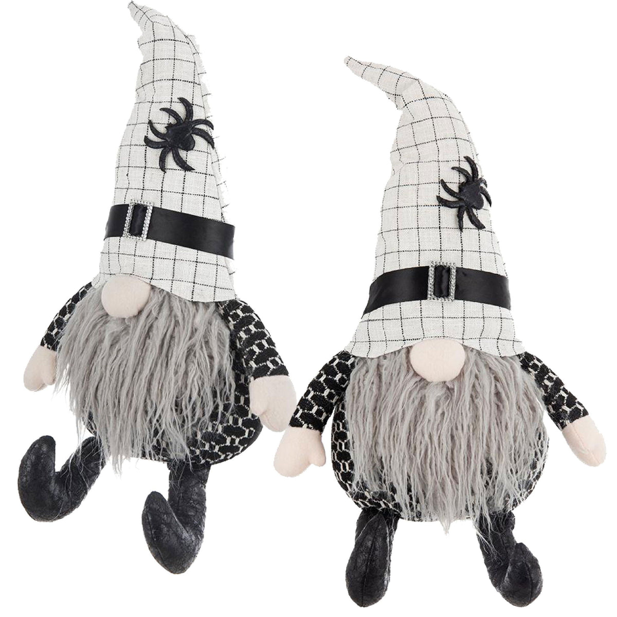 Two seated Halloween gnomes with white checked spider hats, gray beards, black buckles and patterned bodies.
