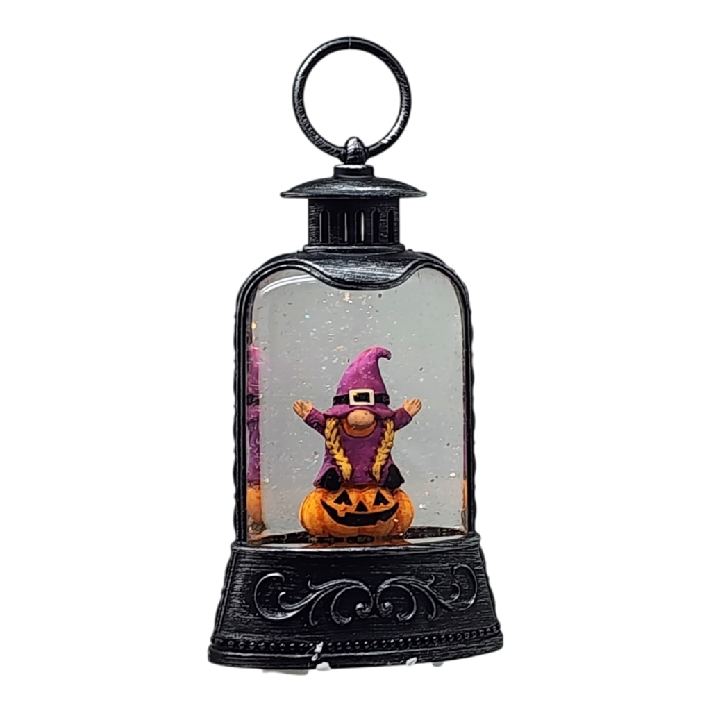 Black waterglobe lantern containing a purple witch-hatted gnome with braids standing on a jack-o'-lantern.